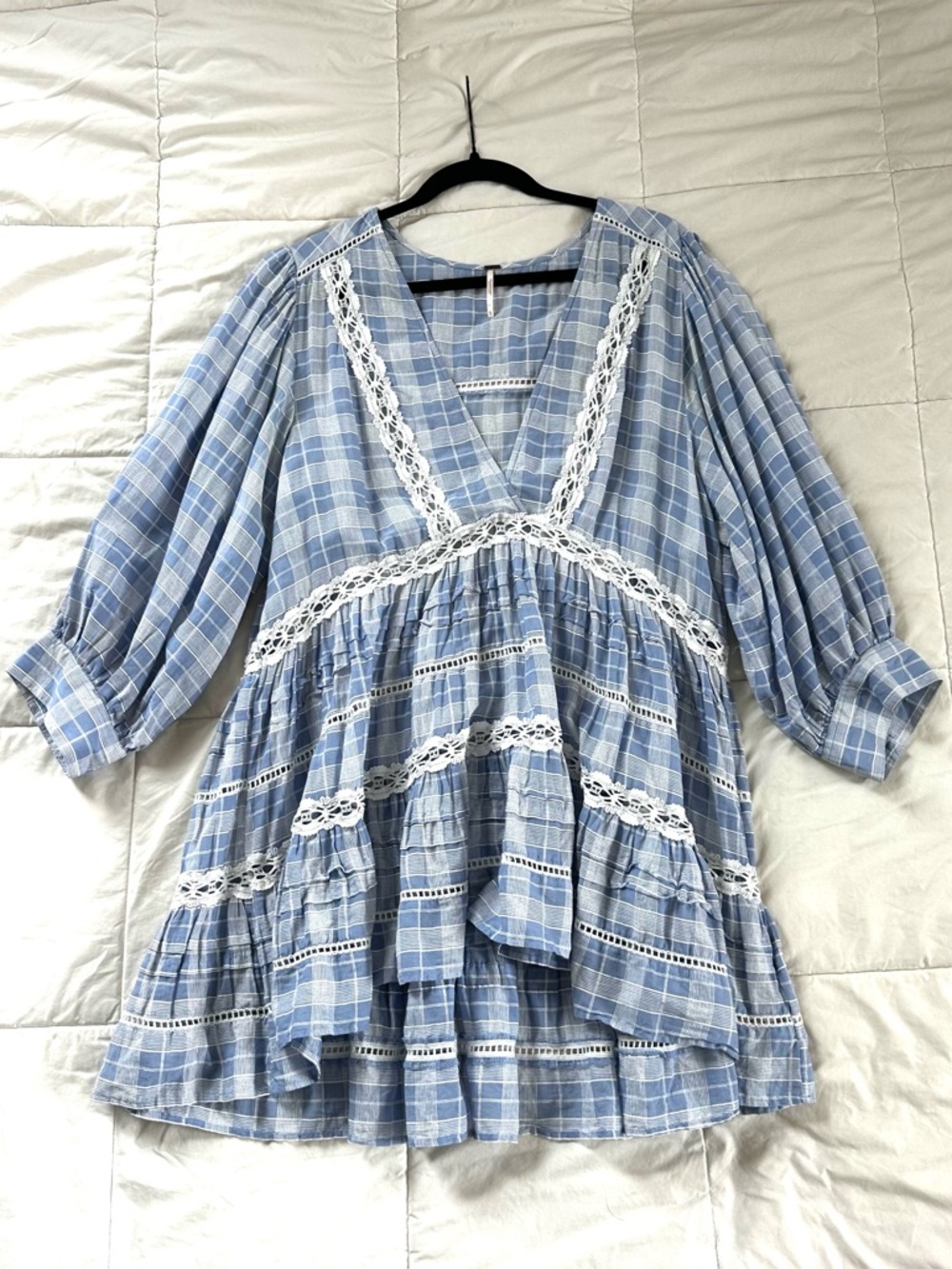 FREE PEOPLE Light Blue Plaid Lace Trim Babydoll Tunic Dress Size-L - Picture 5 of 13